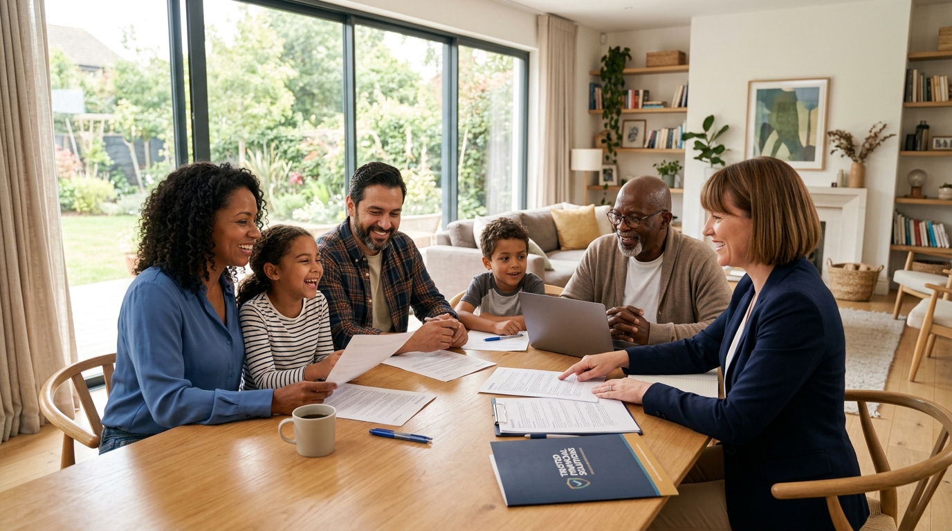 Family reviewing insurance plans with advisor in bright living room